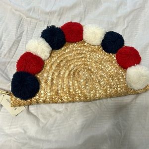 Straw clutch purse with pom pom red navy blue white. Shiraleah . New